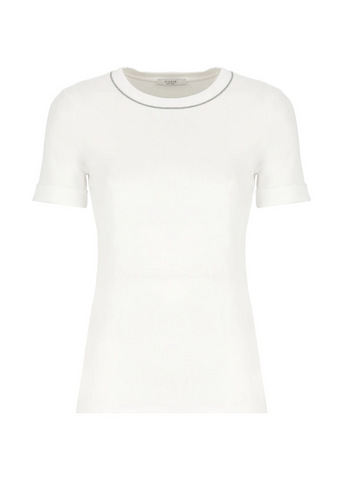 Short Sleeve Stretch Microrib Jersey Crewneck T-Shirt with Chain Accents in Flash White