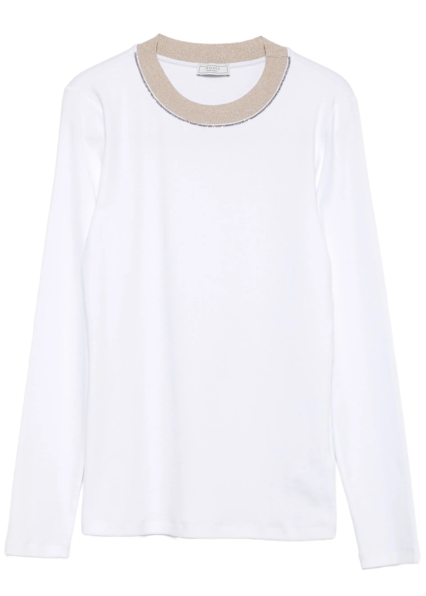 Long Sleeve Stretch Microrib Jersey T-Shirt with Chain Accents + Contrast Collar in Flash White