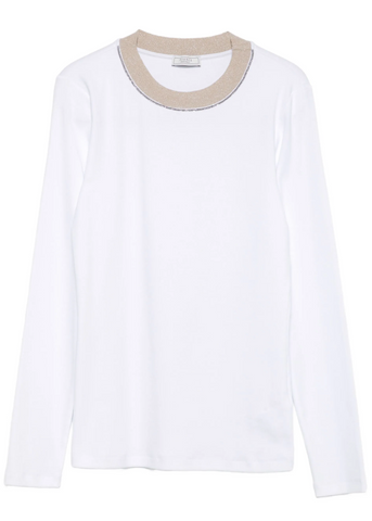 Long Sleeve Stretch Microrib Jersey T-Shirt with Chain Accents + Contrast Collar in Flash White