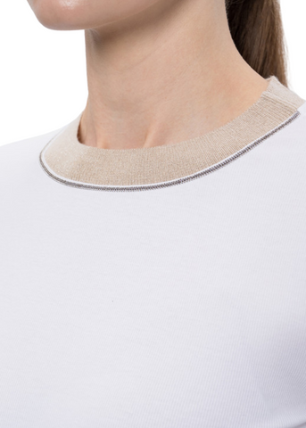 Long Sleeve Stretch Microrib Jersey T-Shirt with Chain Accents + Contrast Collar in Flash White