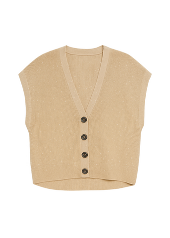 Wool Cashmere Blend Knit Vest with Lurex Stitching in Amber Beige