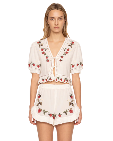 Bindi Embroidered Strawberry Tie-Front Top