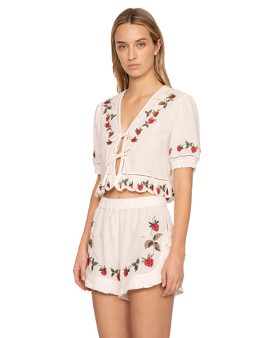 Bindi Embroidered Strawberry Tie-Front Top