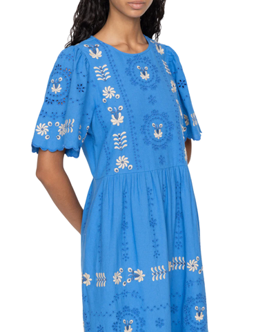 Catharina Embroidered Eyelet Short Sleeve Midi Dress In Blue