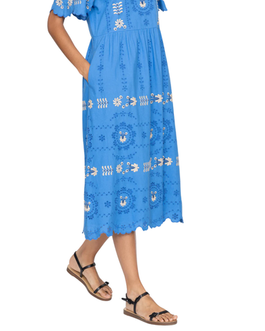 Catharina Embroidered Eyelet Short Sleeve Midi Dress In Blue