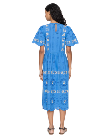 Catharina Embroidered Eyelet Short Sleeve Midi Dress In Blue