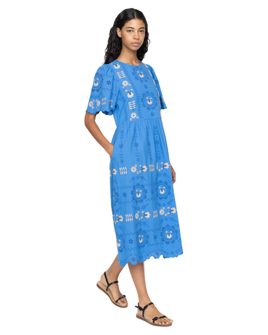 Catharina Embroidered Eyelet Short Sleeve Midi Dress In Blue
