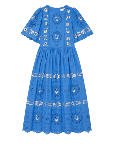 Catharina Embroidered Eyelet Short Sleeve Midi Dress In Blue