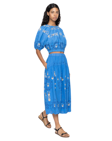 Catharina Embroidered Eyelet Midi Skirt In Blue