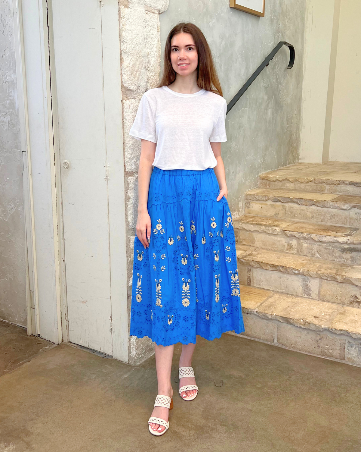 Catharina Embroidered Eyelet Midi Skirt In Blue