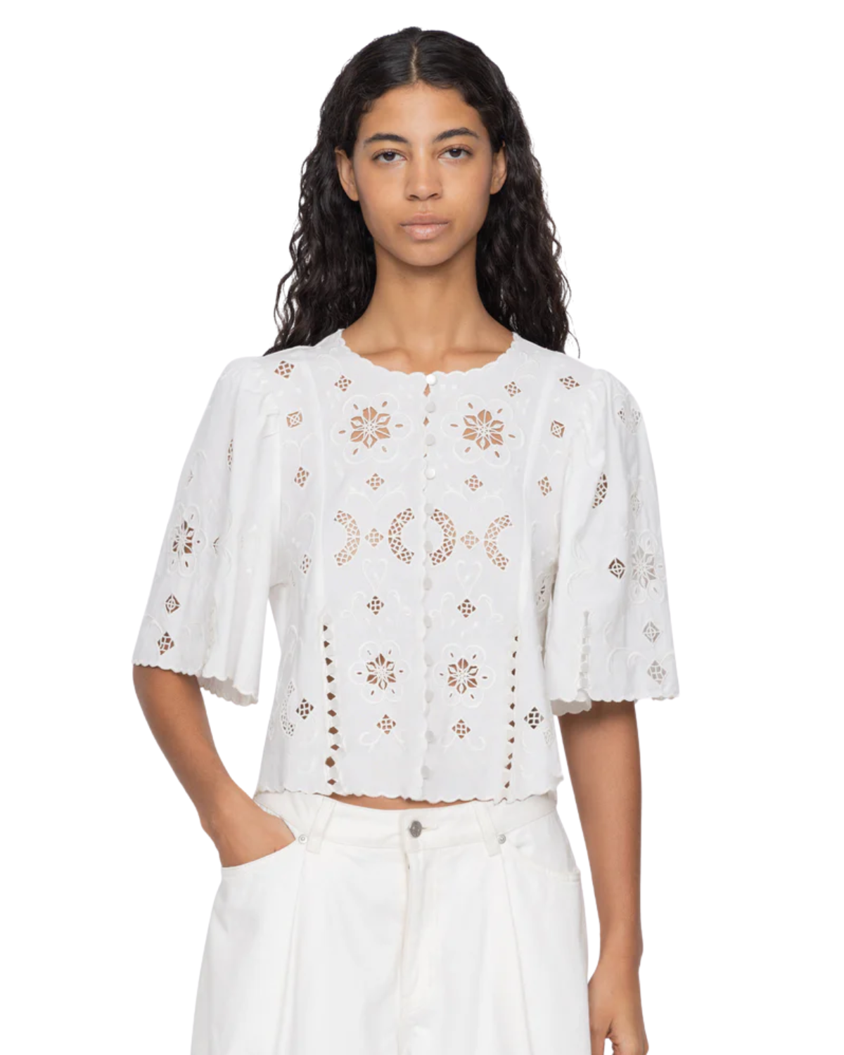 Gardener Embroidered Short Sleeve Top In White