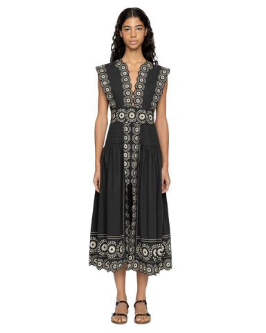 Mirabel Embroidered Flower Scroll Sleeveless Midi Dress In Black
