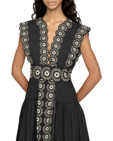 Mirabel Embroidered Flower Scroll Sleeveless Midi Dress In Black