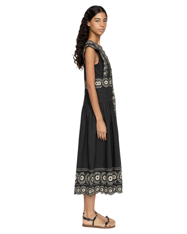 Mirabel Embroidered Flower Scroll Sleeveless Midi Dress In Black