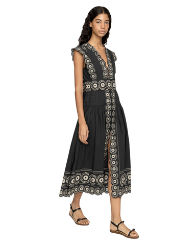 Mirabel Embroidered Flower Scroll Sleeveless Midi Dress In Black