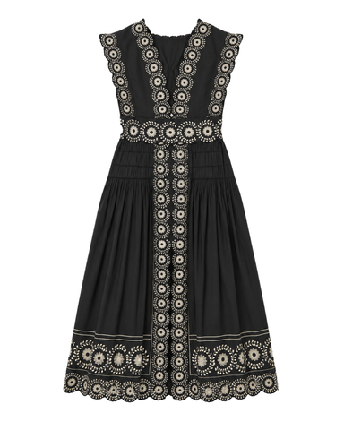 Mirabel Embroidered Flower Scroll Sleeveless Midi Dress In Black