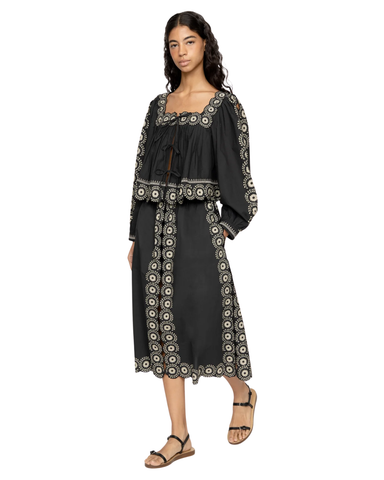 Mirabel Embroidered Flower Scroll Midi Skirt In Black