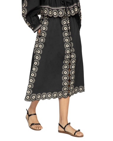 Mirabel Embroidered Flower Scroll Midi Skirt In Black
