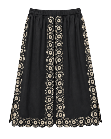 Mirabel Embroidered Flower Scroll Midi Skirt In Black