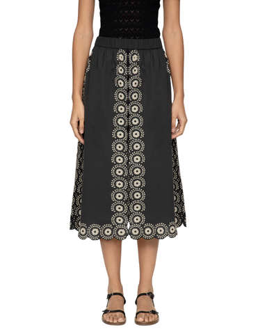 Mirabel Embroidered Flower Scroll Midi Skirt In Black