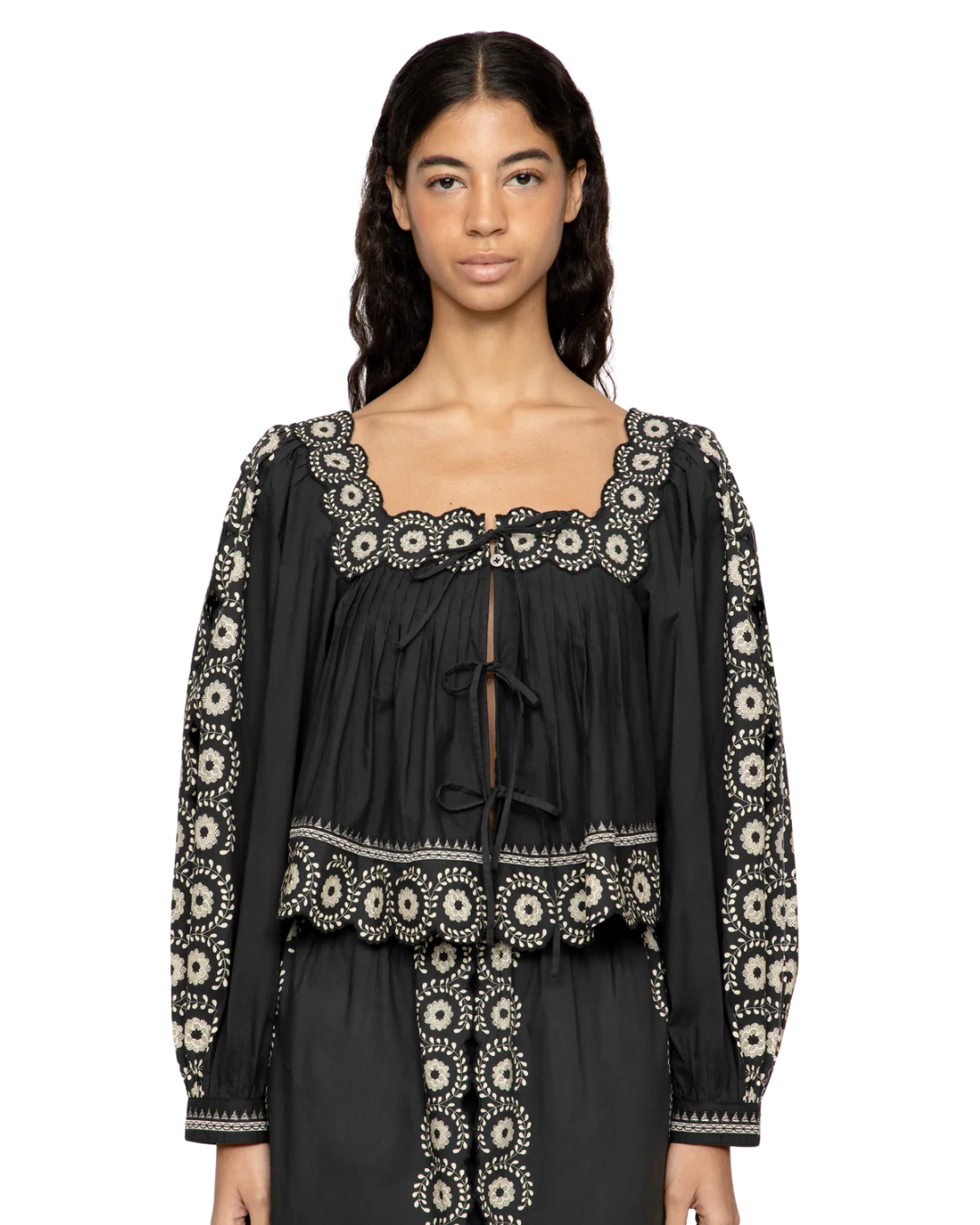 Mirabel Embroidered Flower Scroll Long Sleeve Top In Black