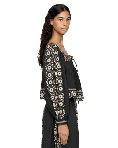 Mirabel Embroidered Flower Scroll Long Sleeve Top In Black