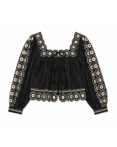 Mirabel Embroidered Flower Scroll Long Sleeve Top In Black