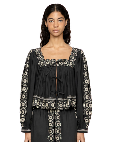 Mirabel Embroidered Flower Scroll Long Sleeve Top In Black