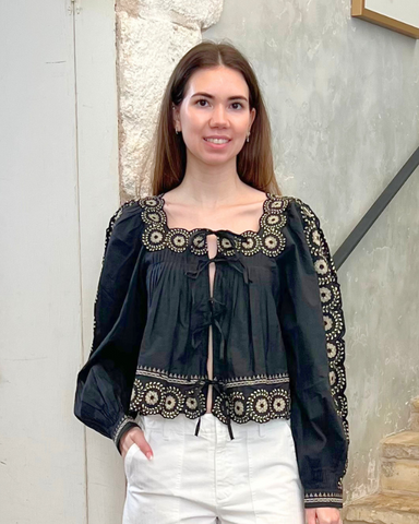 Mirabel Embroidered Flower Scroll Long Sleeve Top In Black