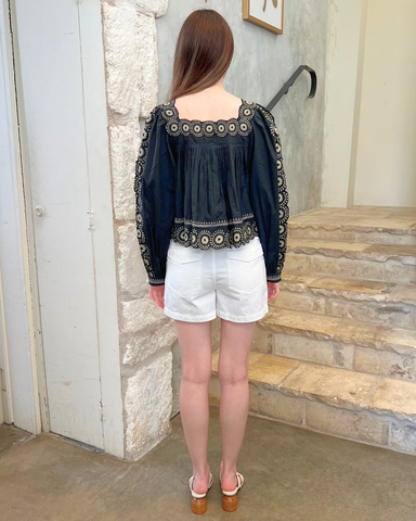 Mirabel Embroidered Flower Scroll Long Sleeve Top In Black