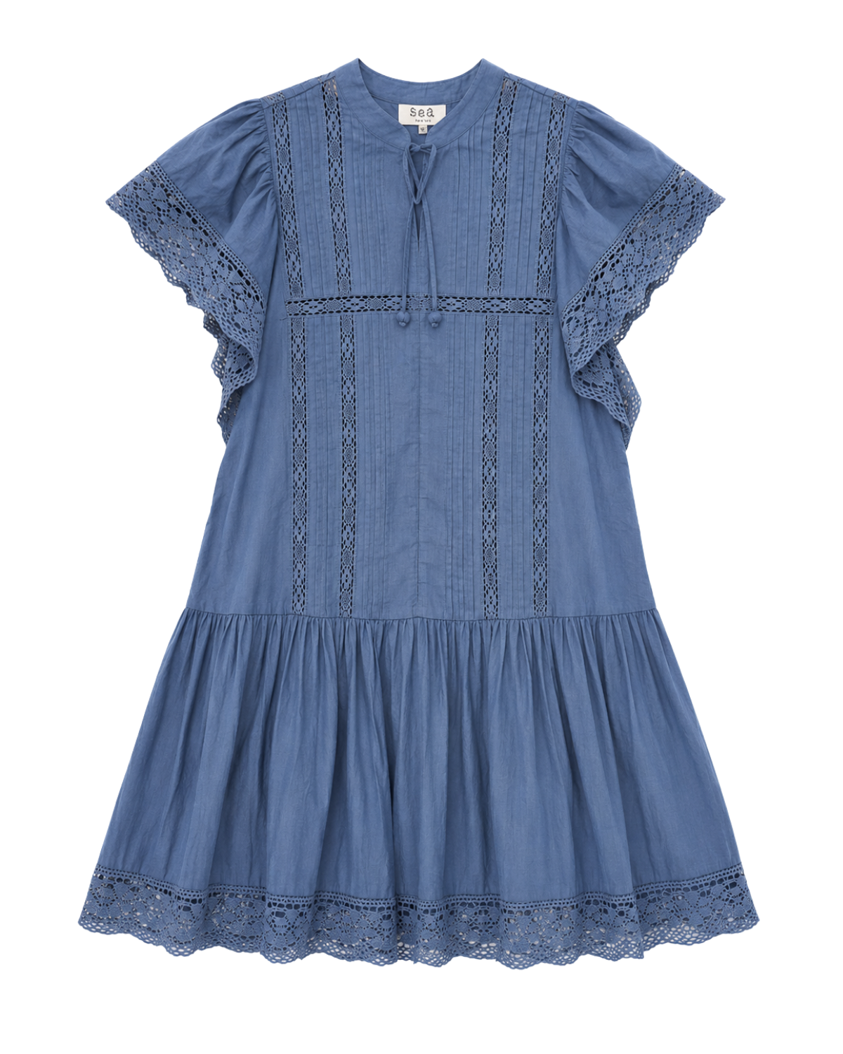 Pippa Lace Trimmed Solid Short Sleeve Mini Dress In Blue