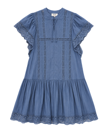 Pippa Lace Trimmed Solid Short Sleeve Mini Dress In Blue