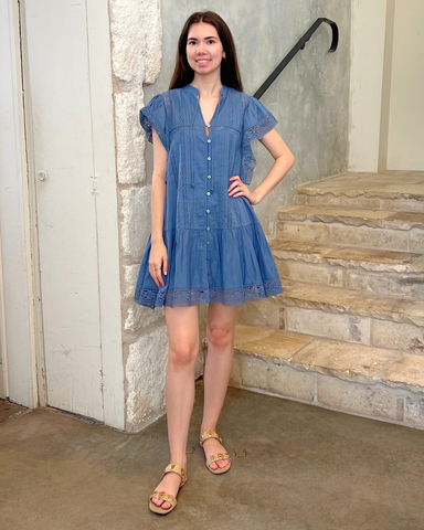 Pippa Lace Trimmed Solid Short Sleeve Mini Dress In Blue