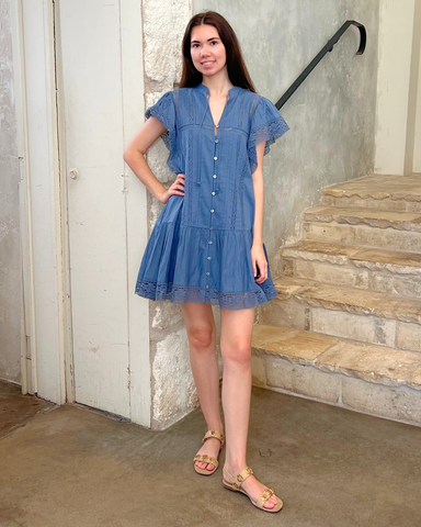 Pippa Lace Trimmed Solid Short Sleeve Mini Dress In Blue