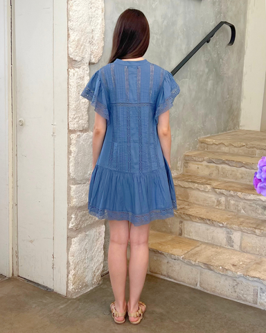Pippa Lace Trimmed Solid Short Sleeve Mini Dress In Blue