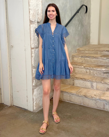 Pippa Lace Trimmed Solid Short Sleeve Mini Dress In Blue