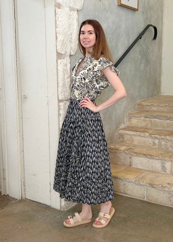 Severine Botanical Print Flutter Sleeve Top in Ivory