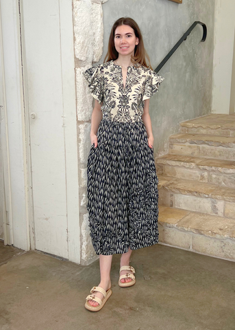 Severine Botanical Print Flutter Sleeve Top in Ivory