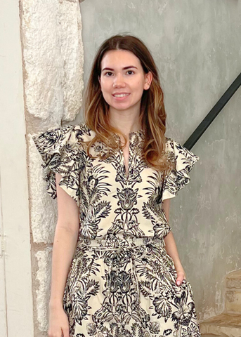 Severine Botanical Print Flutter Sleeve Top in Ivory