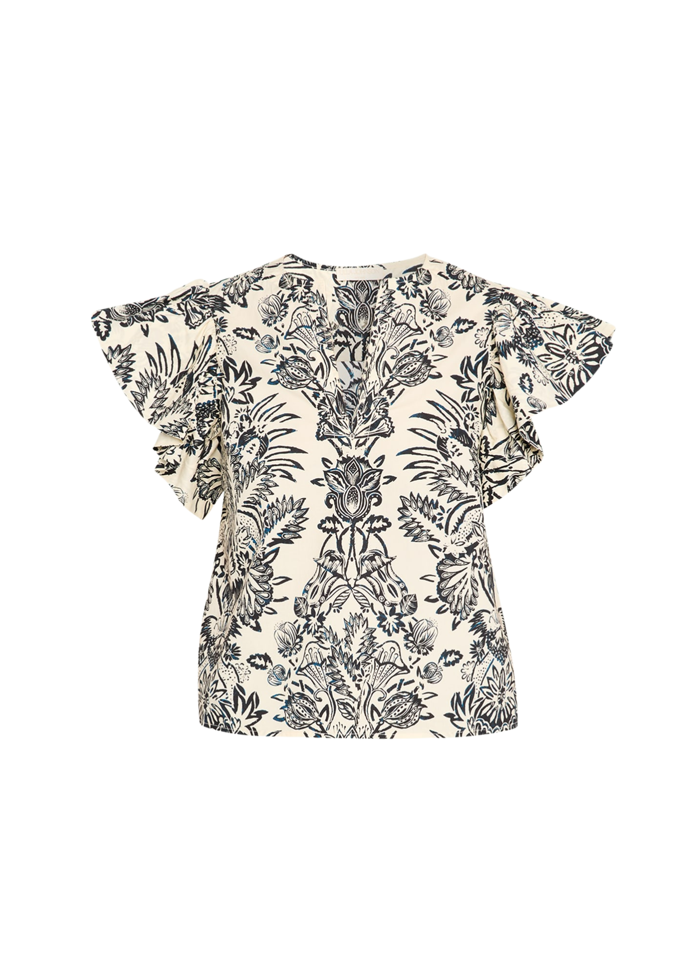 Severine Botanical Print Flutter Sleeve Top in Ivory