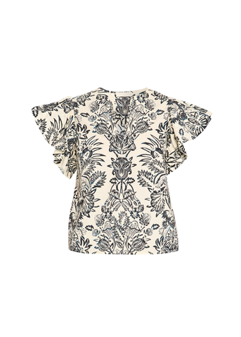 Severine Botanical Print Flutter Sleeve Top in Ivory