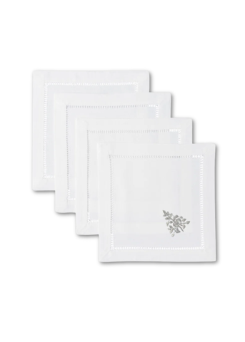 Silver Modern Tree Embroidered Cocktail Napkin Set