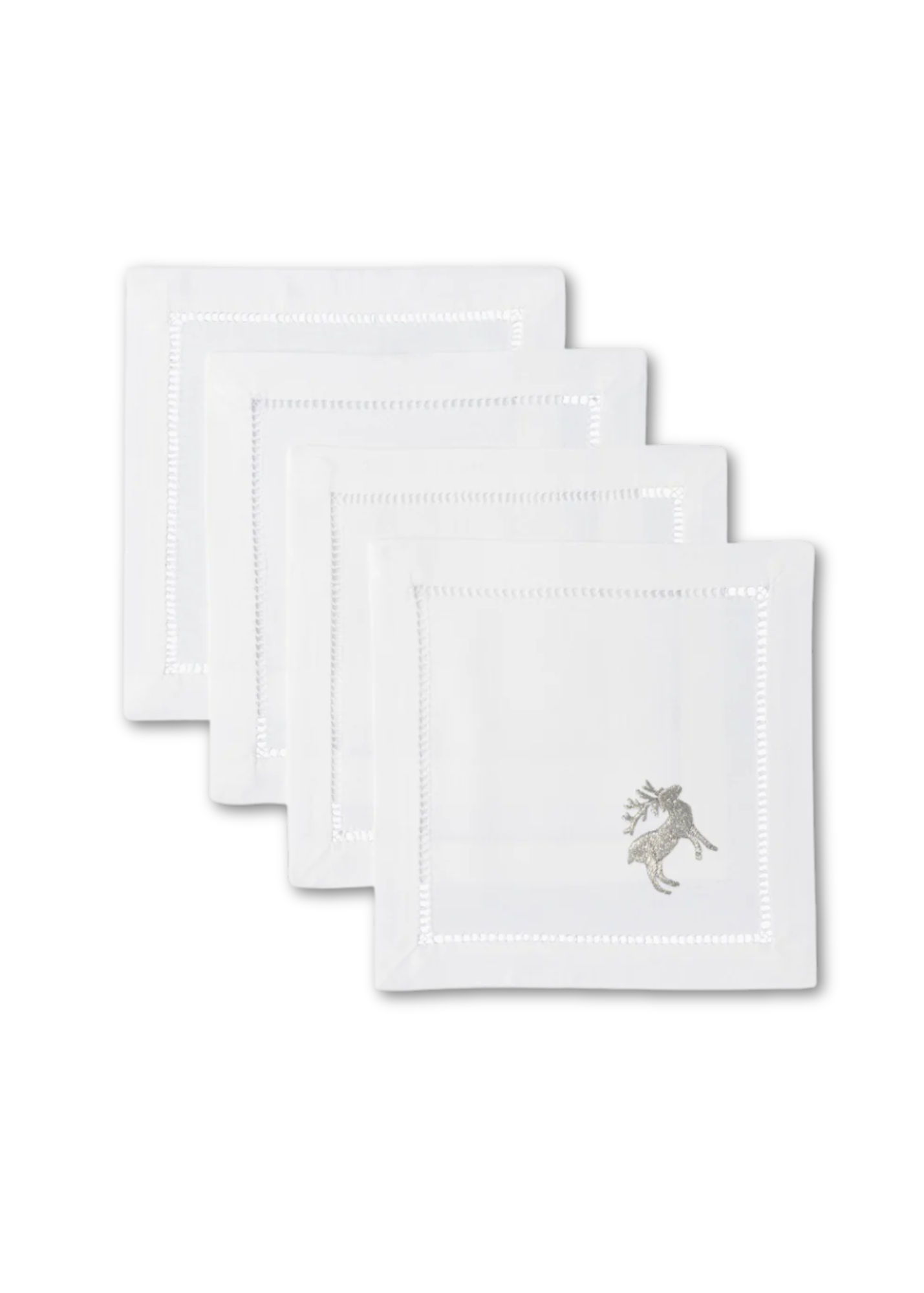 Silver Reindeer Embroidered Cocktail Napkin Set