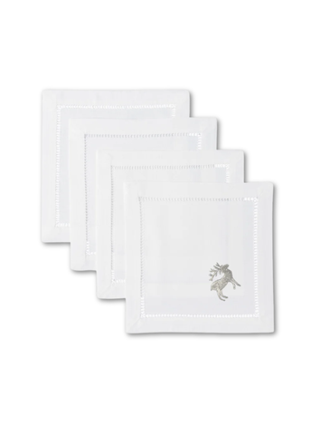 Silver Reindeer Embroidered Cocktail Napkin Set
