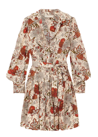 Simona Etched Indienne Floral Silk Long Sleeve Mini Dress in Winter Garden