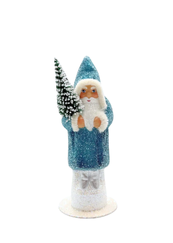 Hand Painted Santa in Beaded Winter Coat w Snowy Fir Tree in Slate Blue