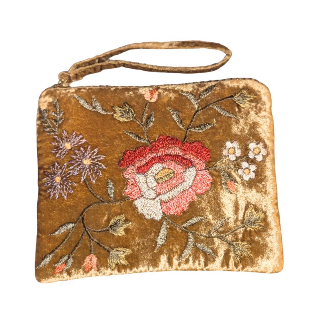 Sophia Velvet Zip Pouch in Antique Gold