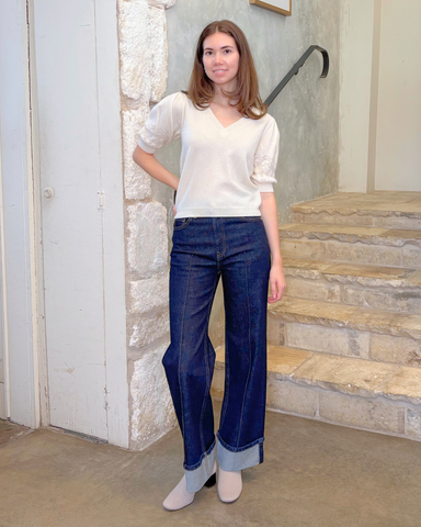 Reina Cashmere Pointelle Short Sleeve Top In Pearl