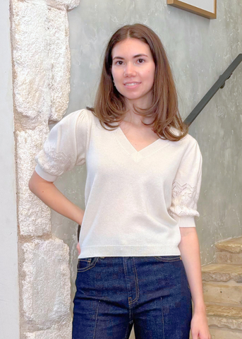 Reina Cashmere Pointelle Short Sleeve Top In Pearl