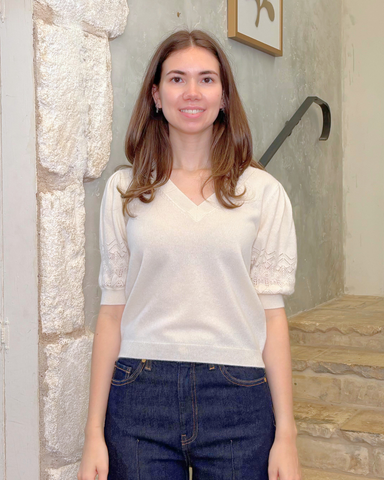 Reina Cashmere Pointelle Short Sleeve Top In Pearl